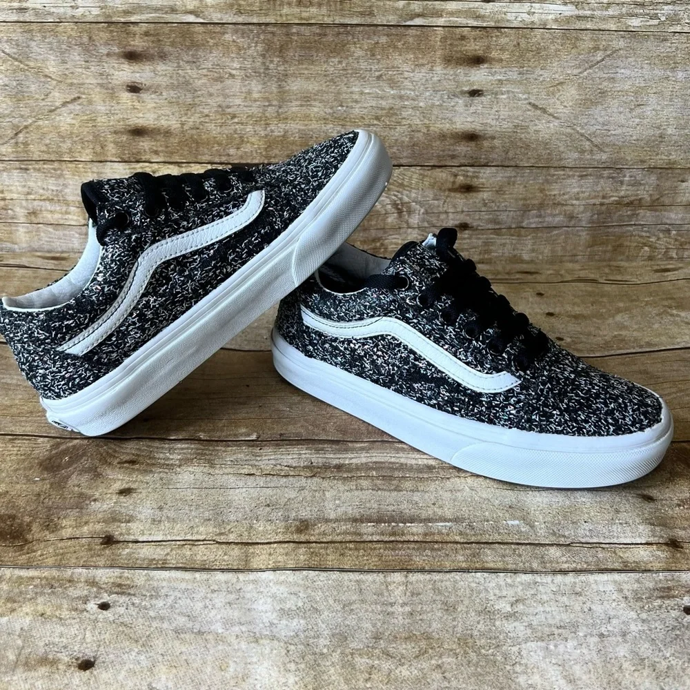 Vans Old Skool Kids Black White Glitter Textured Low Top Sneakers Shoes‎